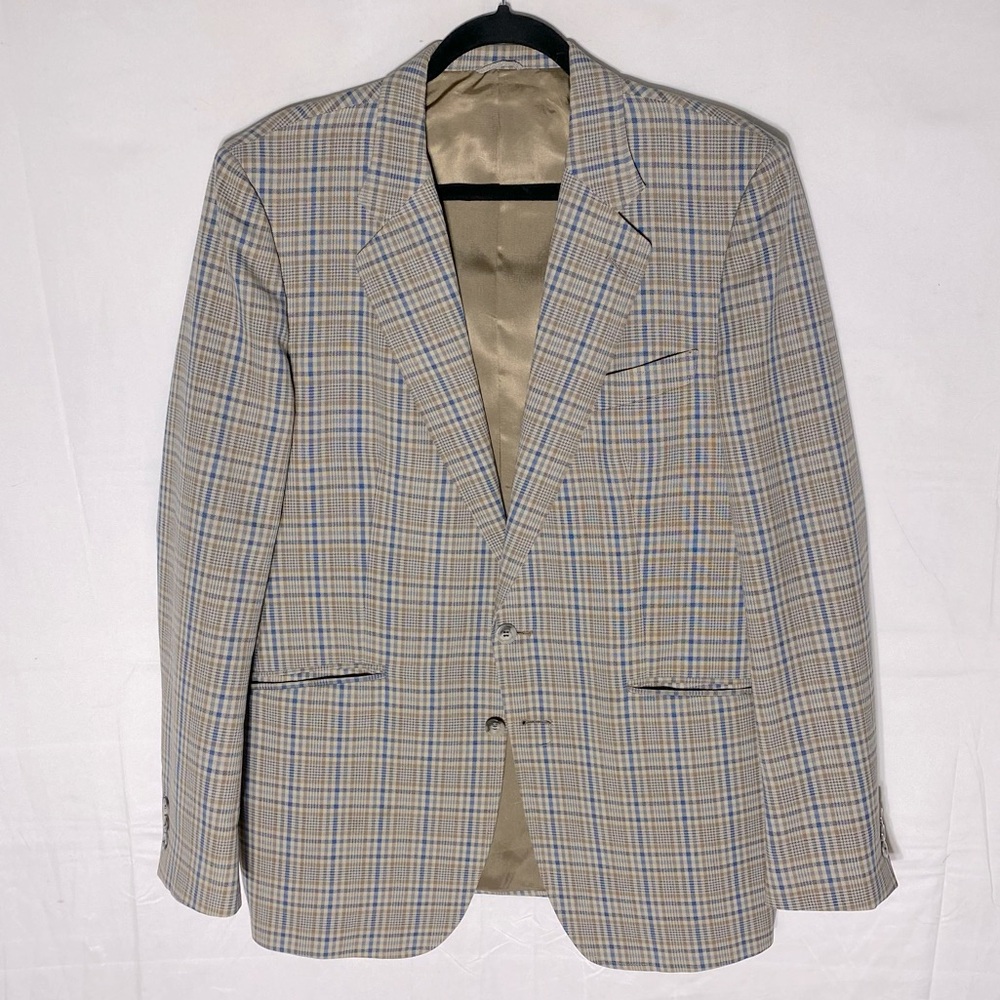 Vintage Damon Wolfe Beige Blue Plaid Wool Blazer Jacket 44L Dadcore Academia